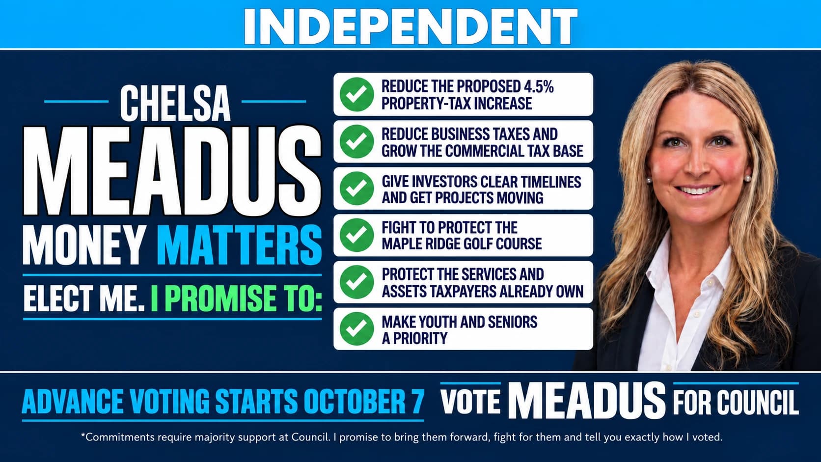 Chelsa Meadus, Money Matters: reduce the proposed property tax increase, reduce business taxes, protect the golf course and prioritize youth and seniors