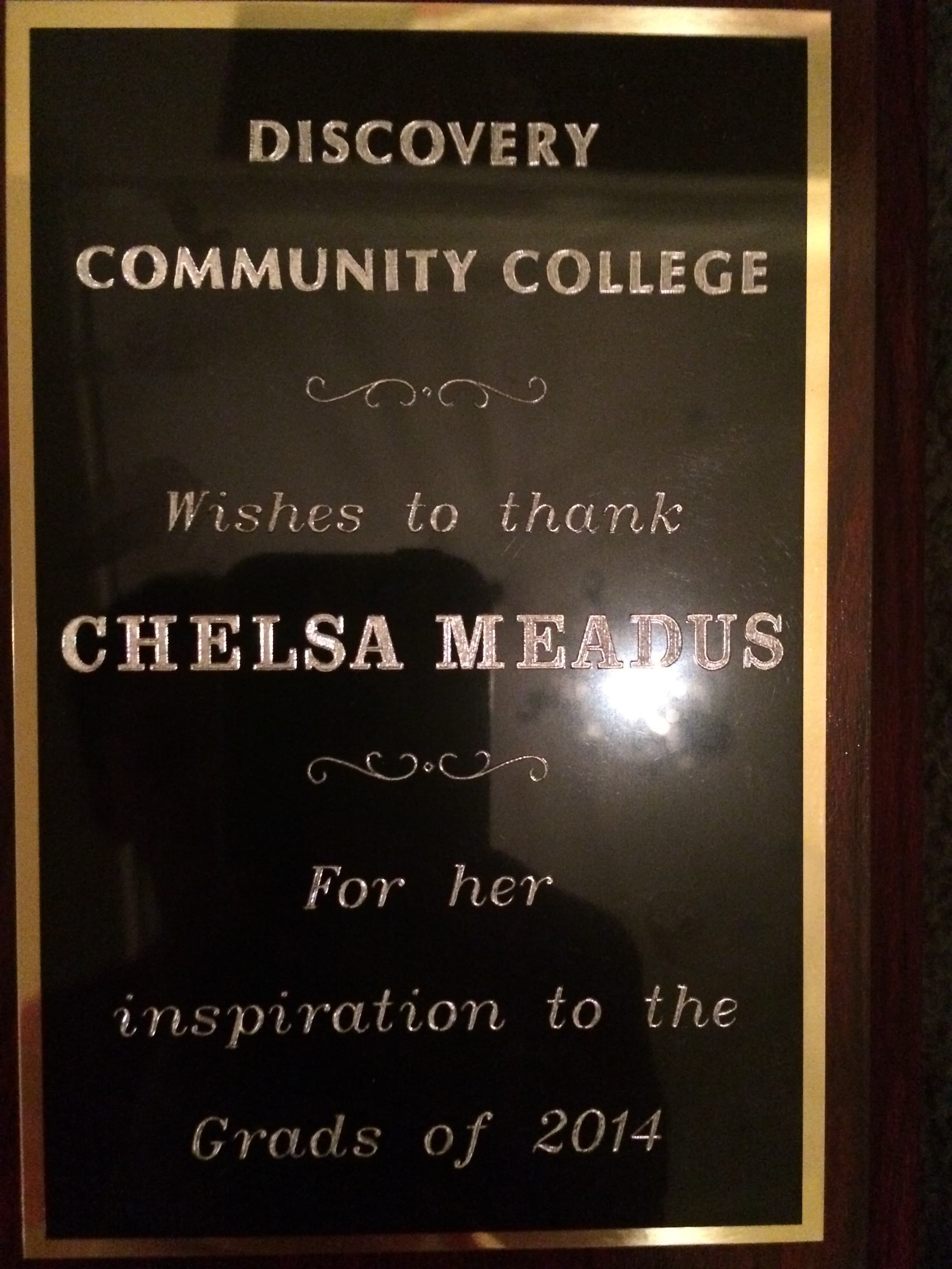 Discovery Community College plaque thanking Chelsa Meadus
